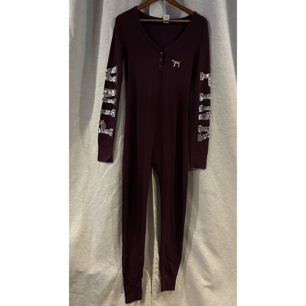 Victoria's Secret PINK Maroon Bling Thermal One Piece Pajama Naughty New Nice M